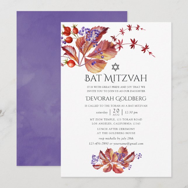 Convites Outono - Aquarela Folhas Bat Mitzvah (Frente/Verso)
