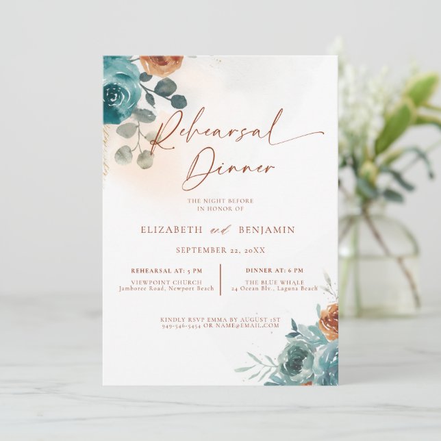 Convites Outono Azul-Verde Laranja Queimada Boho Casamento  (Em pé/Frente)