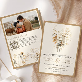 Convites Outono Boho Foto Código QR Flor Silvestre Casament