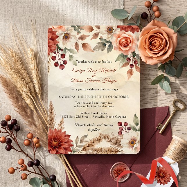 Convites Outono Burgundy Dália Grama Pampas Casamento Boho (Criador carregado)