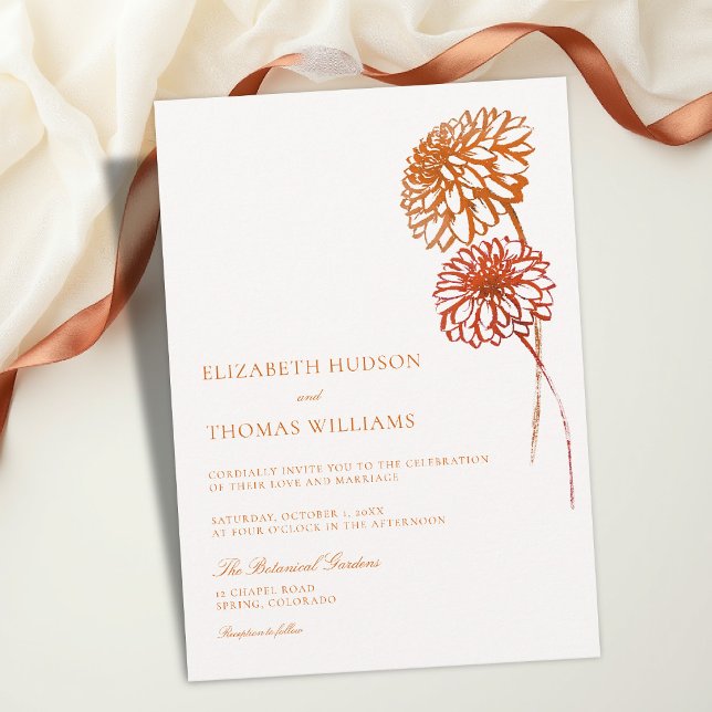 Convites Outono Cobre Queimado Esboço Dálias Modernas Casam (fall wedding invitation dahlia floral burnt copper terracotta brown aesthetic template card modern)