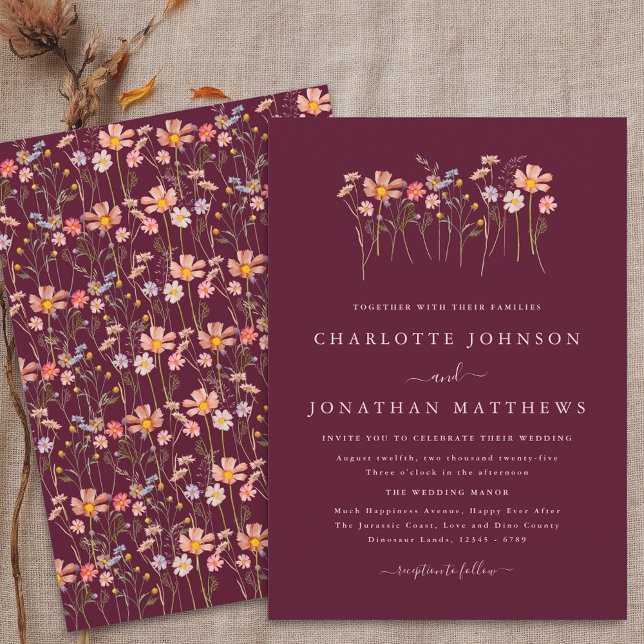Convites Outono de Flor Silvestre Borgonha Rosa Desmaiado C (Wildflower boho fall floral burgundy blush pink Wedding invitation)