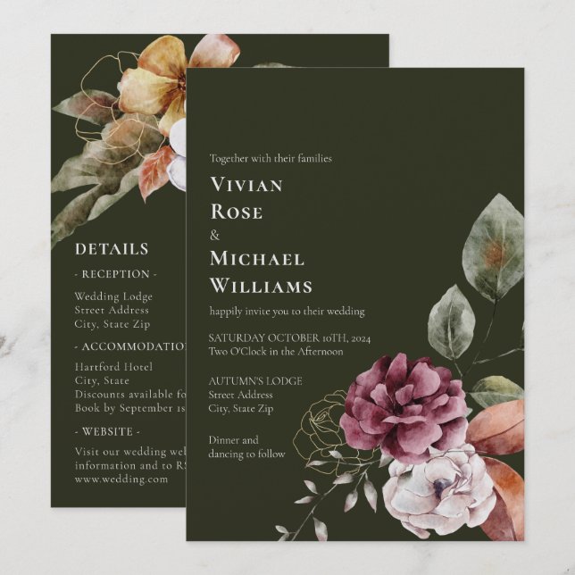 Convites Outono Elegante Tudo Em Um Casamento Burgundy (Frente/Verso)