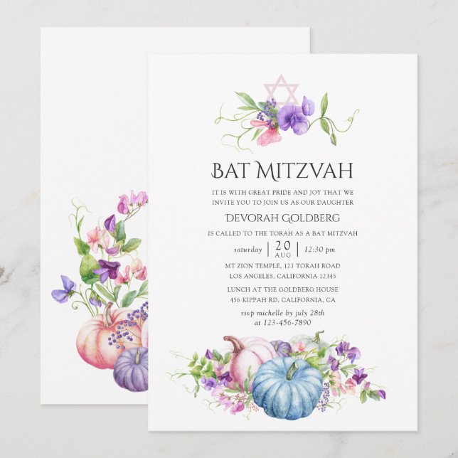 Convites Outono - Floral Bat Mitzvah (Frente/Verso)