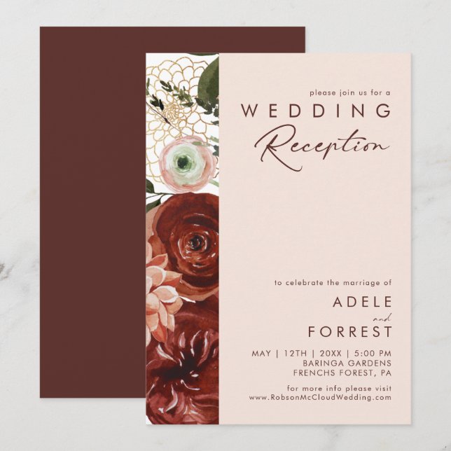 Convites Outono Floral Marsala | Recepção de Casamento Rosa (Frente/Verso)