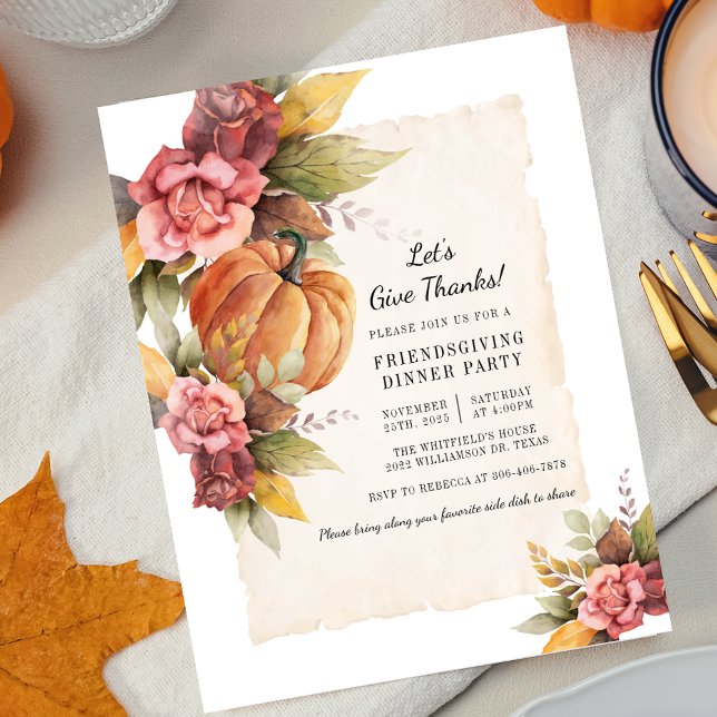 Convites Outono Floral Rústico Abóbora Friendsgiving (Lets Give Thanks Thanksgiving Dinner Floral Pumpkin Invitation)