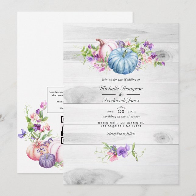 Convites Outono - Floral Rústico Código QR RSVP Casamento (Frente/Verso)