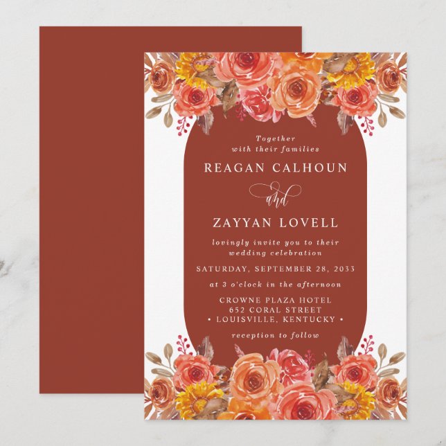 Convites Outono Floral Terracota Aquarela Casamento (Frente/Verso)