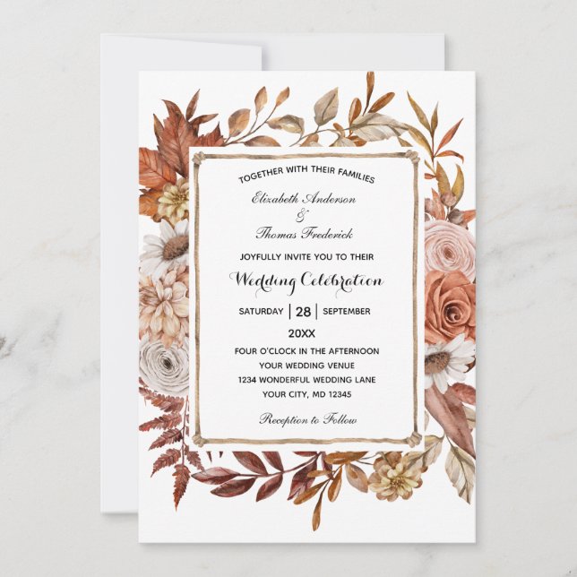 Convites Outono Folhas Florais Formal Elegante Casamento I (Frente)