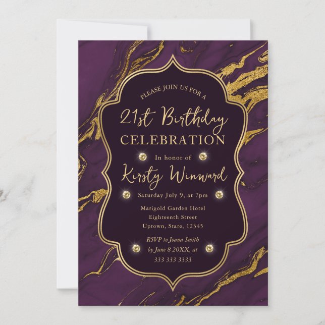 Convites Outono Roxo e Dourado Mármore 21º Aniversário (Frente)