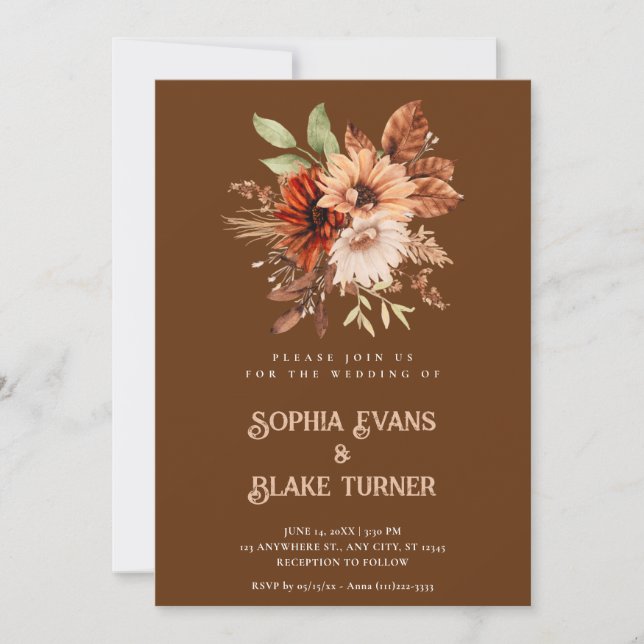 Convites Outono Rústico Floral Botânico Caramelo Casamento (Frente)
