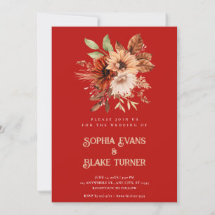 Convites Outono Rústico Floral Botânico Casamento Vermelho 