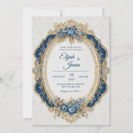Convites Oval Escalpado Floral Barroco Dourado da Marinha R