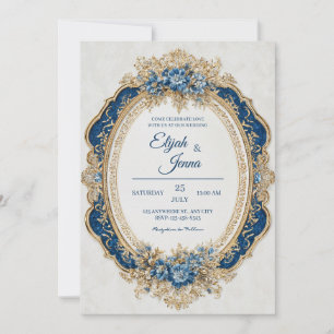 Convites Oval Escalpado Floral Barroco Dourado da Marinha R