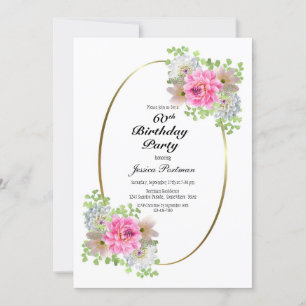 Convites Oval Floral Rosa 60ª Festa de aniversário