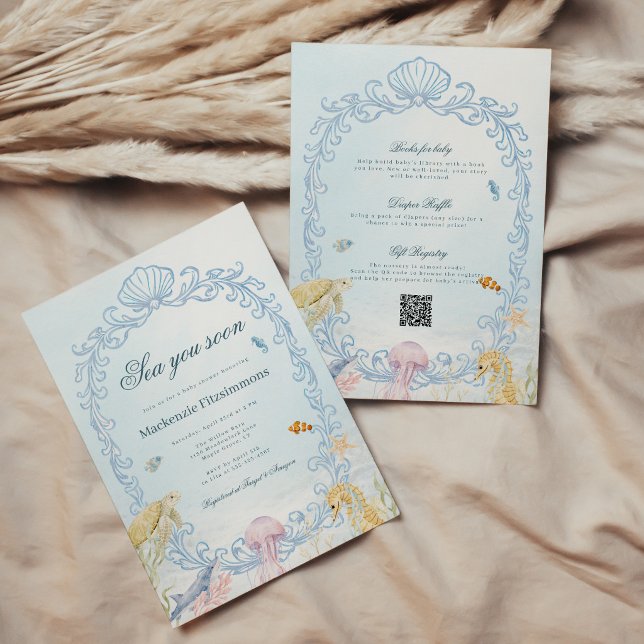Convites Oval Rococó Ver Você em Breve Todos em Um Chá de B (All in One Oval Sea You Soon Rococo Baby Shower Invitation)