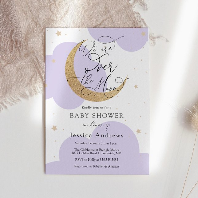 Convites Over the Gold Moon Purple Baby Shower invitation (Criador carregado)
