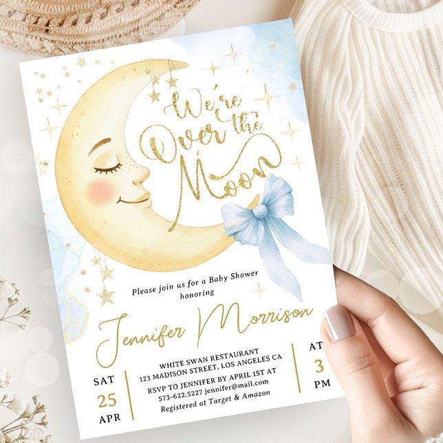 Convites Over the Moon Baby Shower Boy Blue Bow Moon (Criador carregado)
