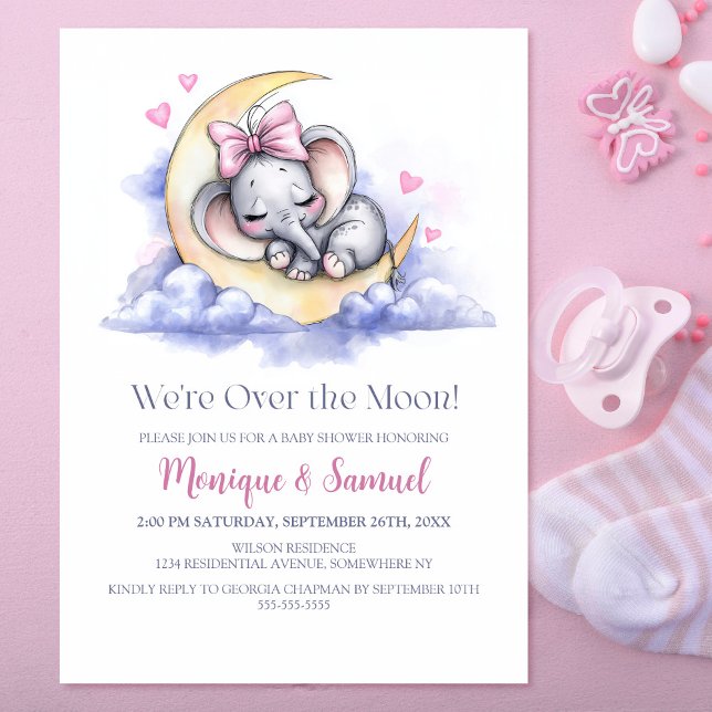 Convites Over the Moon Girl Elephant Baby Shower (Criador carregado)