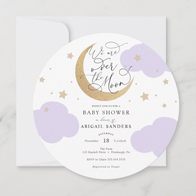 Convites Over the Moon Purple Baby Shower Invitation (Frente)