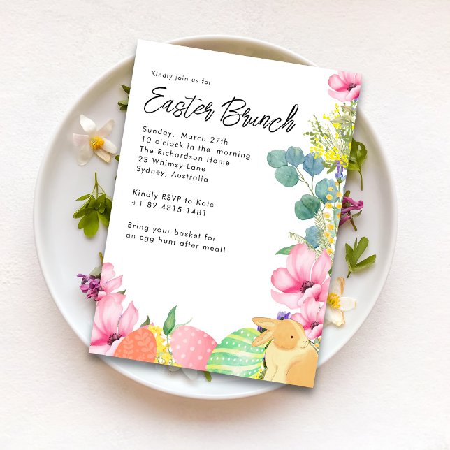 Convites Ovo de Páscoa Floral em Aquarela Coelho Brunch de  (Criador carregado)