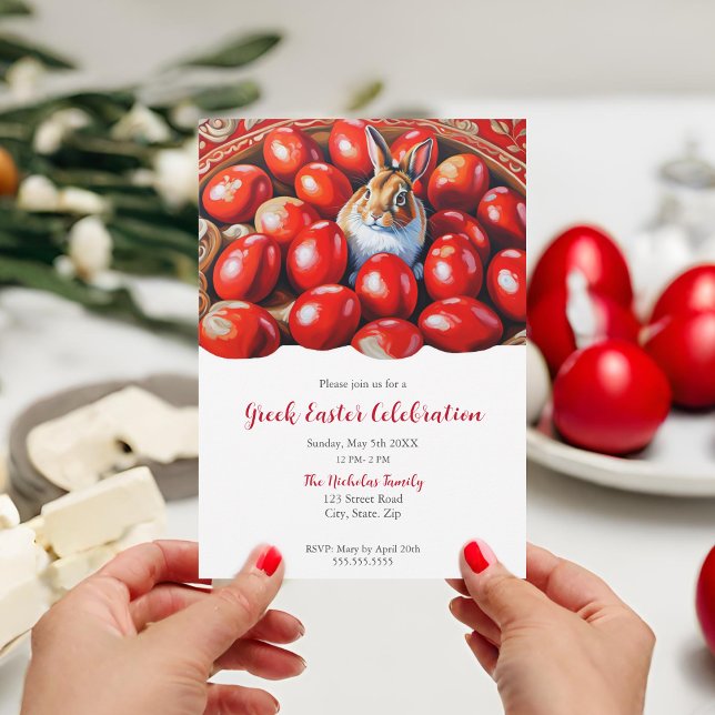 Convites Ovos Vermelhos da Tradição com Coelho  (Greek Easter invitation featuring red eggs and a cheerful bunny.)