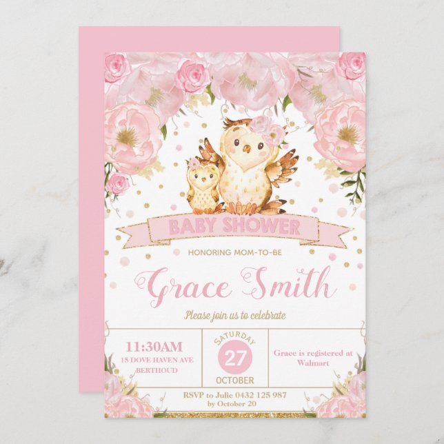 Convites Owl Floral Chá de fraldas Invitation Girl (Frente/Verso)