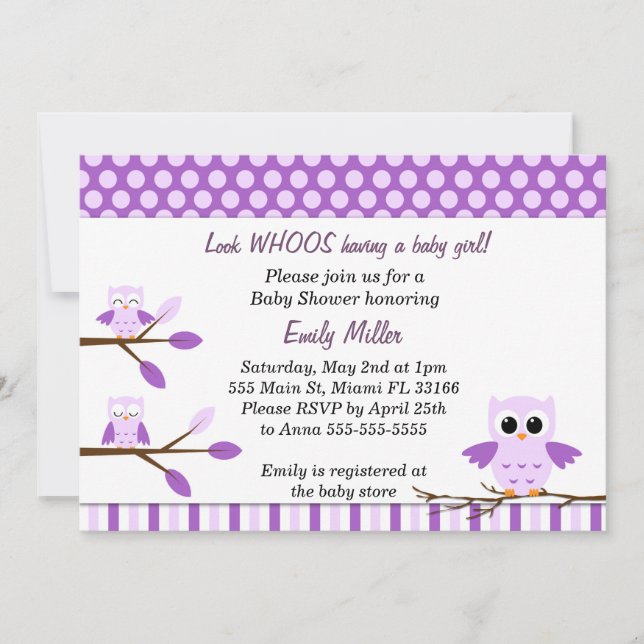 Convites Owl Invitation Baby Girl Chá Roxo (Frente)