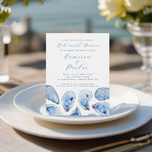 Convites Oyster Casual Ensaio De Casamento Azul-Cor (Oyster Casual Wedding Rehearsal Dinner Invitation in elegant blue watercolor from Concertina Press)