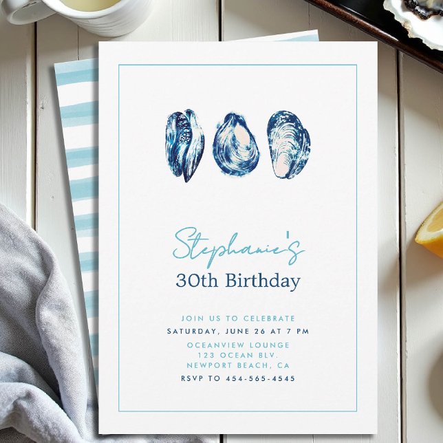 Convites Oyster Frame Náutico Beach Ocean aniversário de 30 (30th birthday invitation for women oysters party frame nautical boat yacht waterfront beach)