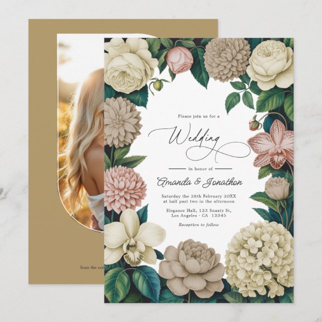 Convites Oyster Pearl, Soft Taupe & Champagne Blush Wedding (Frente/Verso)