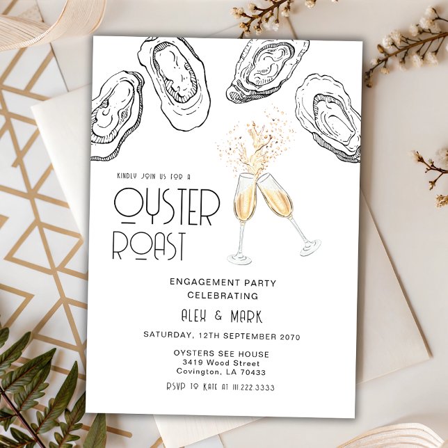 Convites Oyster Roast Hand Draw Champagne Engagement Party (Criador carregado)