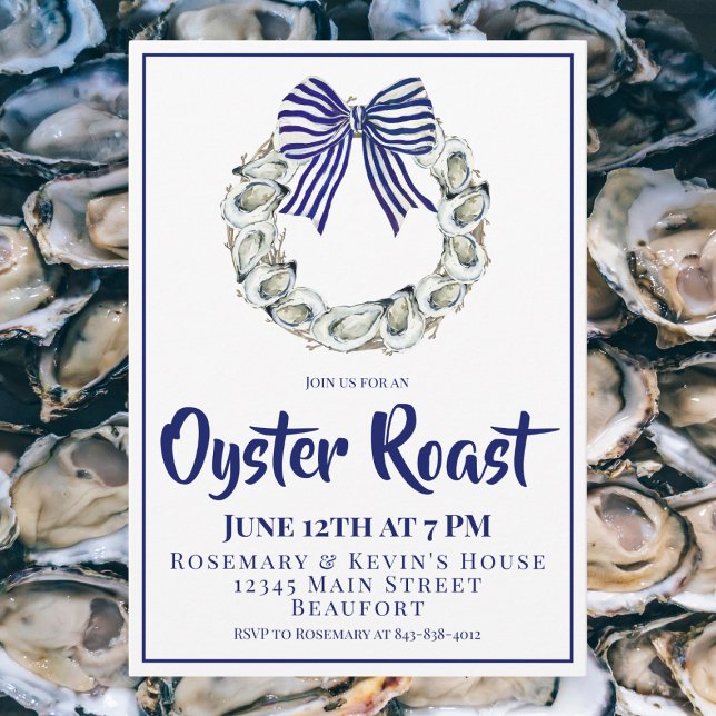 Convites Oyster Wreath Blue Striped Ribbon Oyster Roast (Criador carregado)