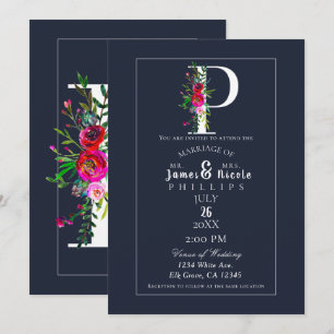 Convites P Monograma Última Inicial Moderno Azul Floral Cas