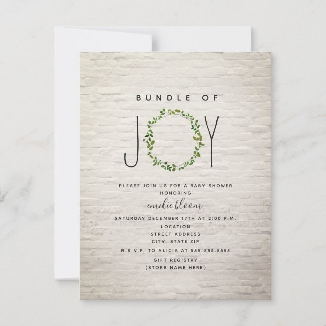 Convites Pacote De Joy Greenery Wreath Brick Chá de fraldas (Frente)
