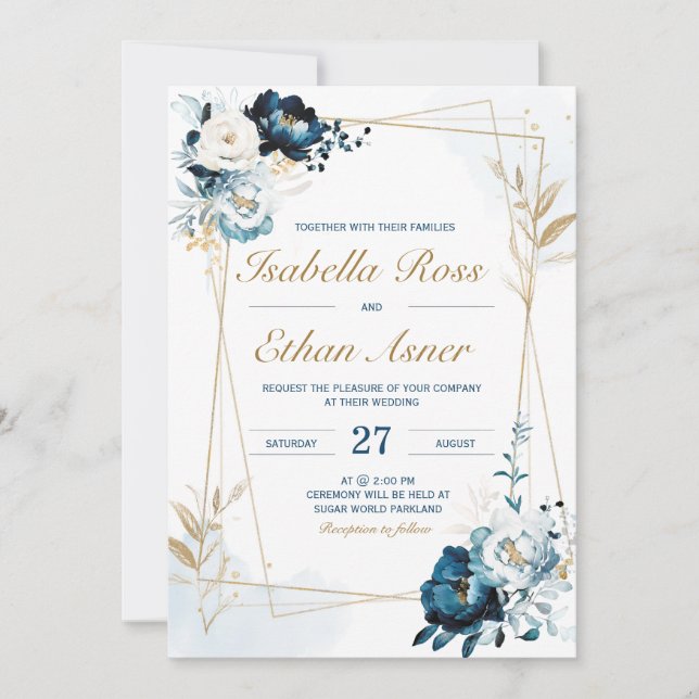 Convites Pacote de Noiva Personalizado Azul Marinho e Doura (Frente)