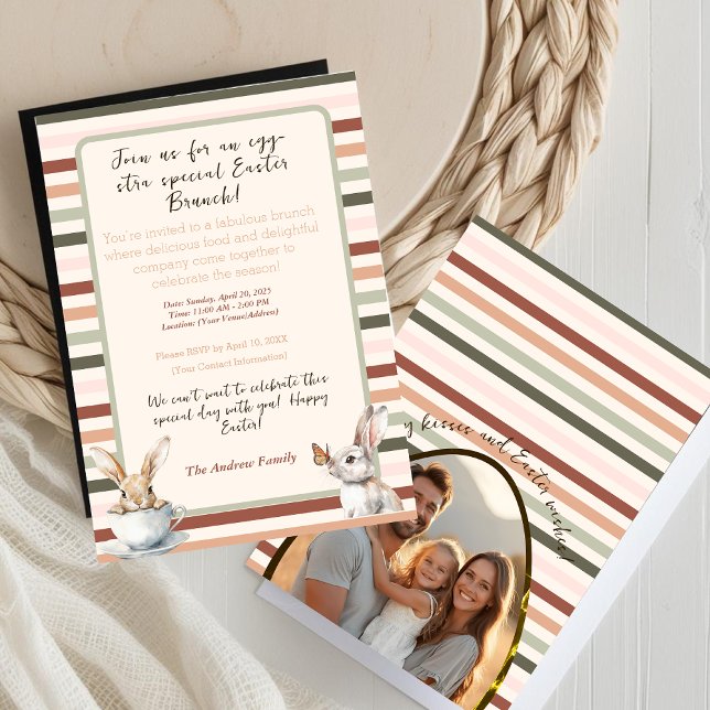 Convites Pacotes de Páscoa distribuídos com Foto Personaliz (Striped Easter bunnies with Custom Photo Invitation)
