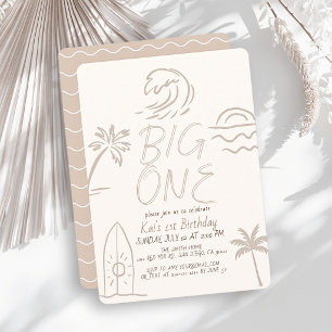 Convites Paddle de Surf Big One Bege 1º Aniversário