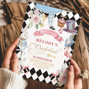 Convites Padrão Alice no País das Maravilhas 1º aniversário