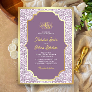 Convites Padrão Árabe Dourado Lavanda Casamento Muçulmano