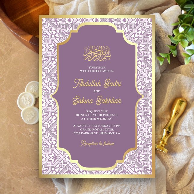 Convites Padrão Árabe Dourado Lavanda Casamento Muçulmano (Criador carregado)