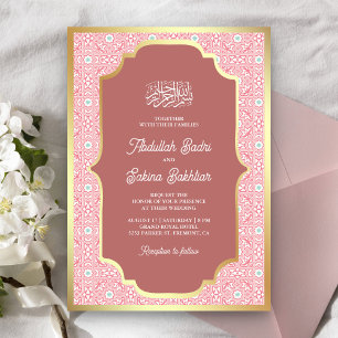 Convites Padrão Arabesco de Ouro Rosa Casamento Muçulmano