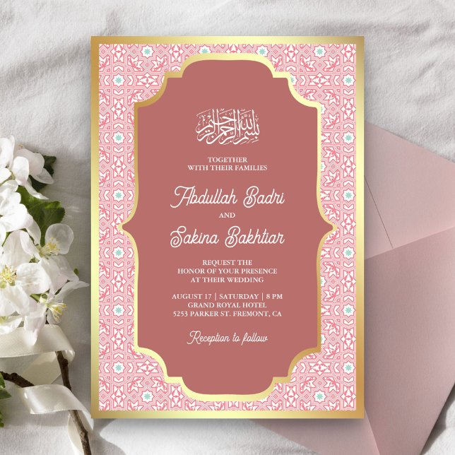 Convites Padrão Arabesco de Ouro Rosa Casamento Muçulmano (Criador carregado)