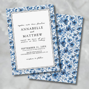 Convites Padrão Botânico Azul Elegante Floral Casamento