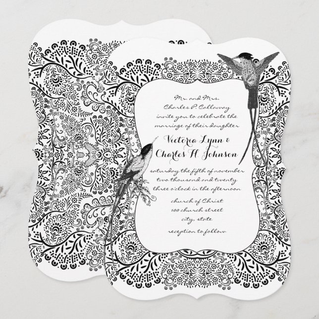 Convites Padrão branco e preto do Hummingbird romântico (Frente/Verso)