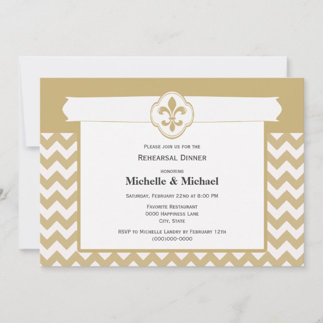 Convites Padrão Chevron Fleur de Lis Evento Dourado Branco (Frente)