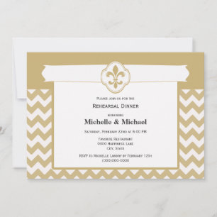 Convites Padrão Chevron Fleur de Lis Evento Dourado Branco