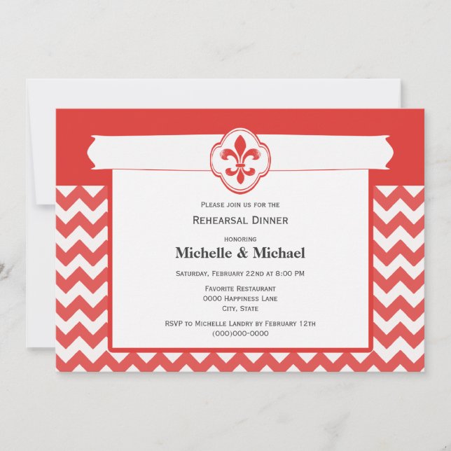 Convites Padrão Chevron Fleur de Lis Evento Vermelho e Bran (Frente)