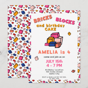 Convites Padrão Colorido de Tijolo e Bloco Desenho Aniversá
