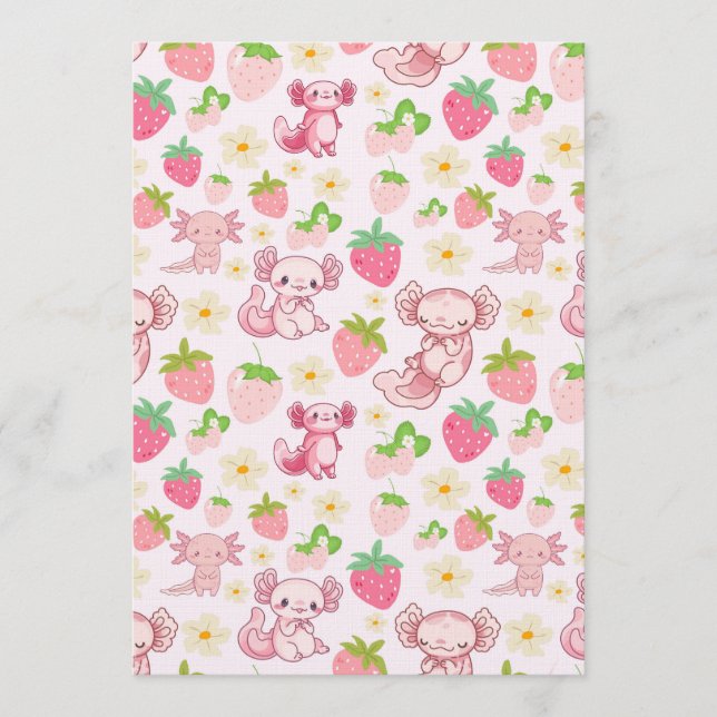 Convites Padrão contínuo de Axolote Kawaii Fofo & Morango (Frente)